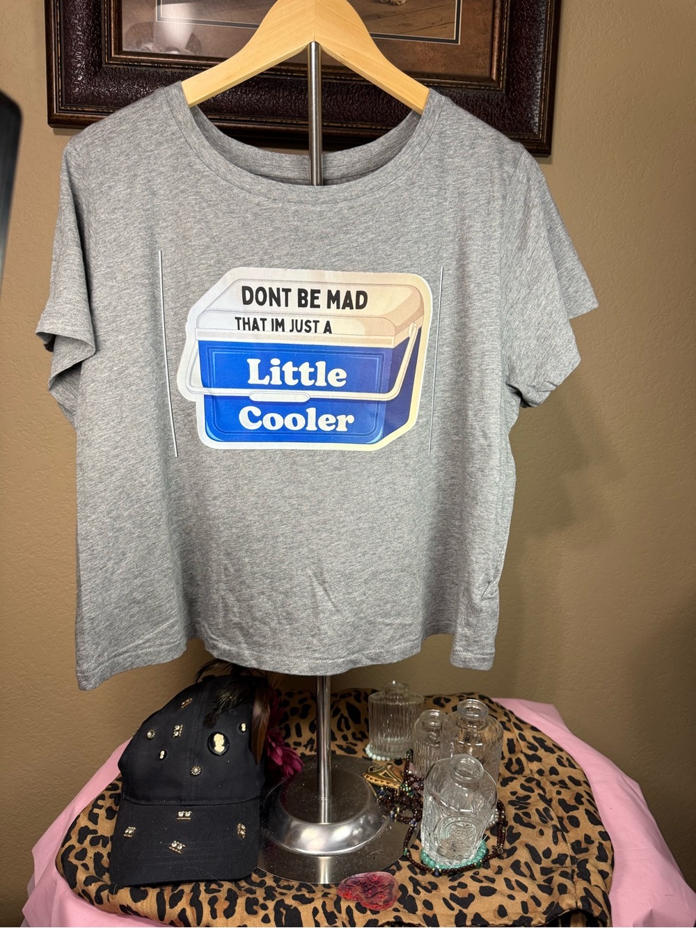 Revamped Universal Thread Gray Tee with Blue 'Little Cooler' Graphic